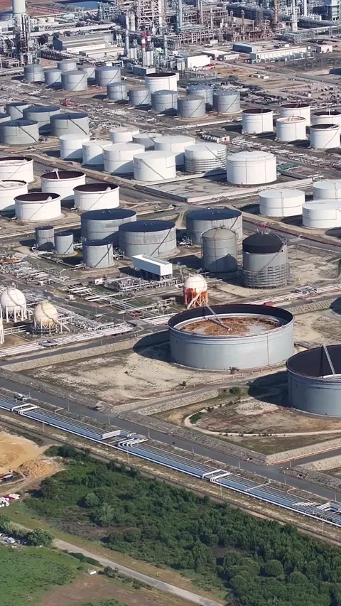 Aerial view of oil refinery complex in an industrial area Stock Footage 340906580