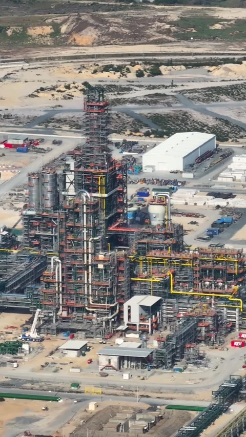Aerial view of oil refinery complex in petroleum production facility Stock Footage 340906870