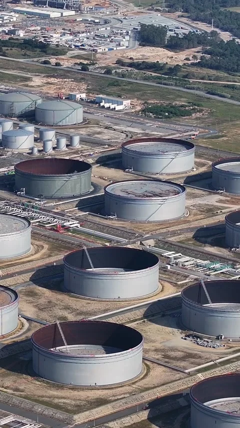 Aerial view of oil refinery complex and storage tanks Stock Footage 340907250