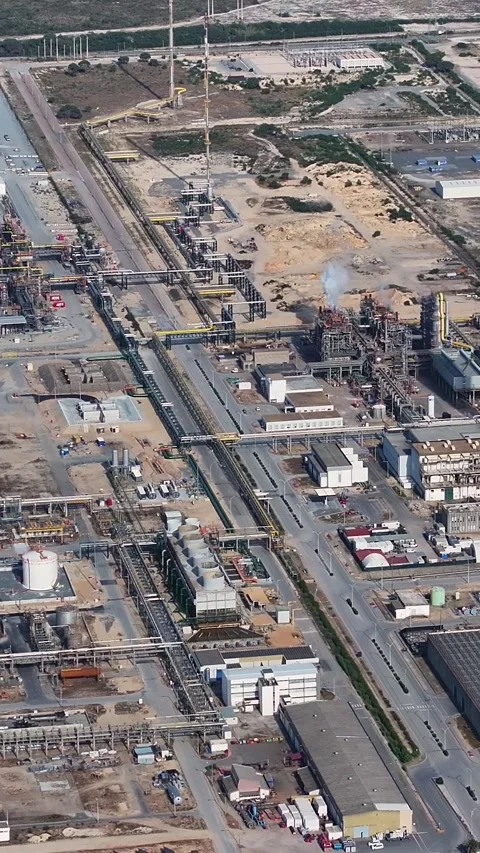 Aerial view of oil refinery complex and industrial processing plant activities Stock Footage 340908369