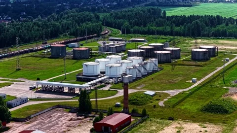 Aerial view of oil storage facility with freight train, Latvia. Stock Footage 340647938