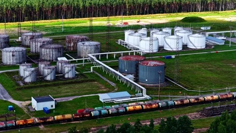Aerial view of oil storage facility and freight train in Latvia. Stock Footage 340811574