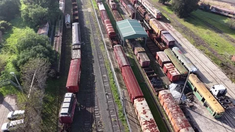 Aerial view of old abandoned rusty trains 스톡 동영상 339304652
