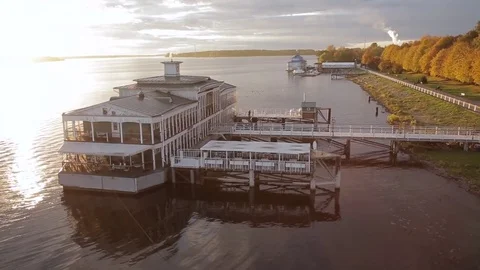 Aerial view of the old ancient river station, Wharf and Volga river in Kostroma Video stock 69963845