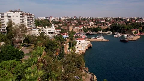 Aerial view of Old Antalya Marina and Kaleici in Antalya, Turkey. Drone flying Stock Footage 270458053