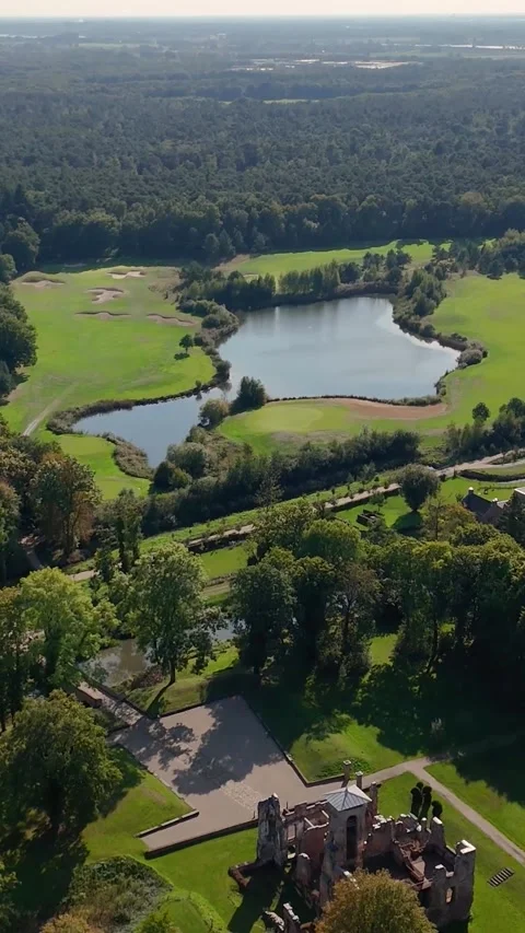 Aerial view of old brederode castle ruins in holland Видео 327108628