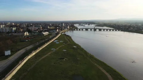 Aerial view of Old Bridge over Maritsa river in town of Svilengrad, Bulgaria Stock Footage 191891882