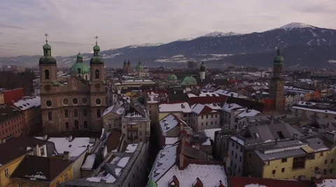 Aerial view of old buildings and Inn River in Innsbruck Stock Footage 61410147