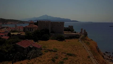 Aerial view of old castle of Pythagorio Samos island Greece Stock Footage 115032753