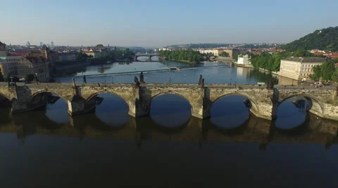 Aerial view of the old Charles Bridge and Shooter's Island, Prague Stock Footage 55546481