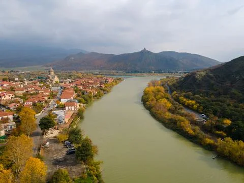 Aerial view of the old city Mtskheta and Svetitskhoveli Cathedral 写真素材