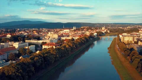 Aerial view of the old city of Uzhhorod Stock Footage