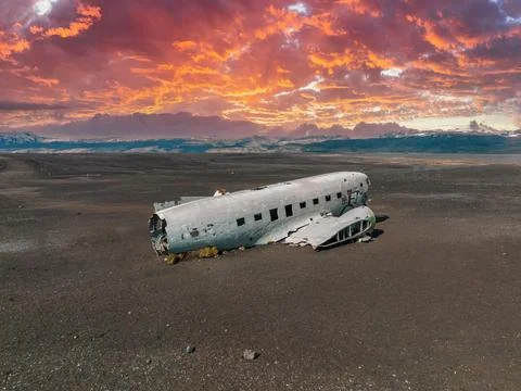 Aerial view of the old crashed plane abandoned on Solheimasandur beach near Vik Stock Photos