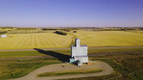Aerial View Of An Old Grain Elevator In The Middle Of Fields. Stock Footage 306130262