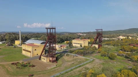 Aerial View Of Old Headframes At Serbariu Coal Mine (Grande Miniera di Vídeo Stock 342487392