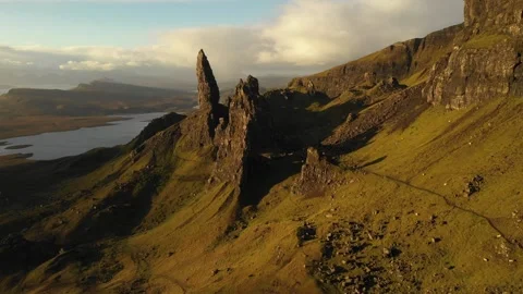 Aerial view of the Old Man of Storr in Skye, United Kingdom. Stock Footage 345003426