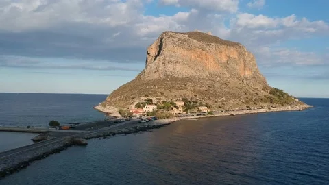 Aerial view of the old medieval castle town of Monemvasia in Lakonia of Pelop Stock Footage 151928626
