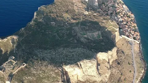 Aerial view of the old medieval castle town of Monemvasia in Lakonia of Pelop Stock Footage 151958994
