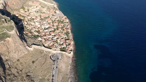 Aerial view of the old medieval castle town of Monemvasia in Lakonia of Pelop Stock Footage 151986252