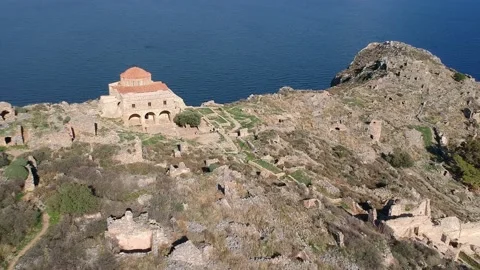 Aerial view of the old medieval castle town of Monemvasia in Lakonia of Pelop Stock Footage 151996162