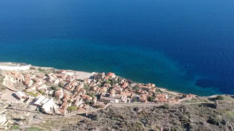 Aerial view of the old medieval castle town of Monemvasia in Lakonia of Pelop Stock Footage 151996467