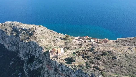 Aerial view of the old medieval castle town of Monemvasia in Lakonia of Pelop Stock Footage 152000336