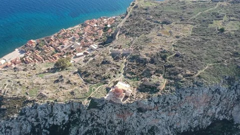 Aerial view of the old medieval castle town of Monemvasia in Lakonia of Pelop Stock Footage 152002207