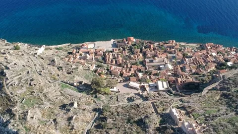Aerial view of the old medieval castle town of Monemvasia in Lakonia of Pelop Stock Footage 152004139