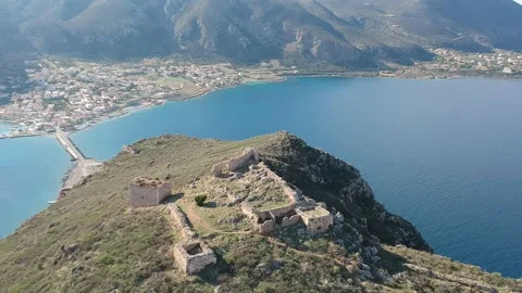 Aerial view of the old medieval castle town of Monemvasia in Lakonia of Pelop Stock Footage 152025660