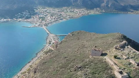 Aerial view of the old medieval castle town of Monemvasia in Lakonia of Pelop Stock Footage 152027796