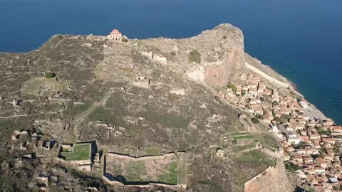 Aerial view of the old medieval castle town of Monemvasia in Lakonia of Pelop Stock Footage 152031535
