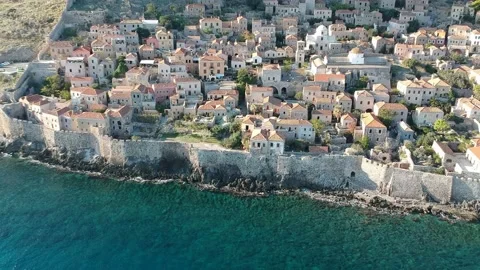 Aerial view of the old medieval castle town of Monemvasia in Lakonia of Pelop Stock Footage 152038332