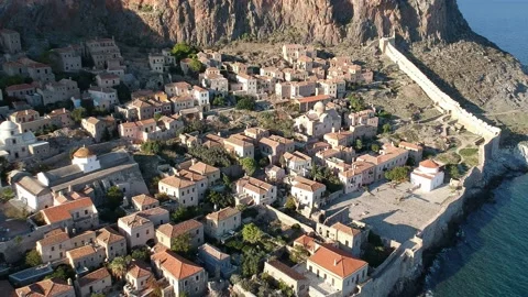 Aerial view of the old medieval castle town of Monemvasia in Lakonia of Pelop Stock Footage 152040942