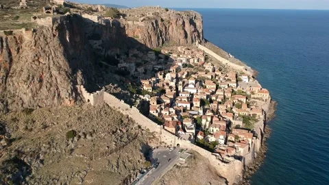 Aerial view of the old medieval castle town of Monemvasia in Lakonia of Pelop Stock Footage 152041632