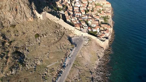 Aerial view of the old medieval castle town of Monemvasia in Lakonia of Pelop Stock Footage 152049013