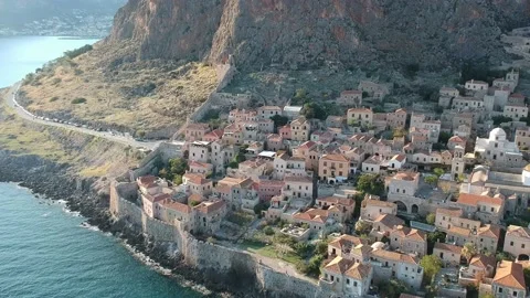 Aerial view of the old medieval castle town of Monemvasia in Lakonia of Pelop Stock Footage 152050007