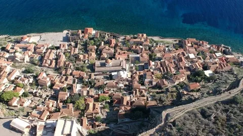 Aerial view of the old medieval castle town of Monemvasia in Lakonia of Pelop Stock Footage 152052449