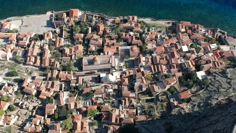 Aerial view of the old medieval castle town of Monemvasia in Lakonia of Pelop Stock Footage 152054438