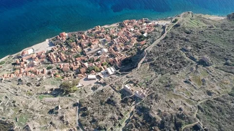 Aerial view of the old medieval castle town of Monemvasia in Lakonia of Pelop Stock Footage 152055672