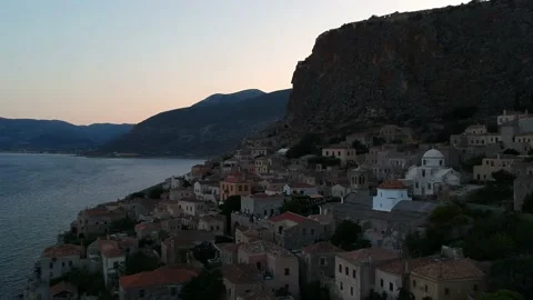 Aerial view of the old medieval castle town of Monemvasia in Lakonia, Greece. Vídeo Stock 163668069