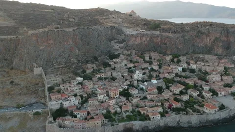 Aerial view of the old medieval castle town of Monemvasia in Lakonia, Greece. Vídeo Stock 163679705