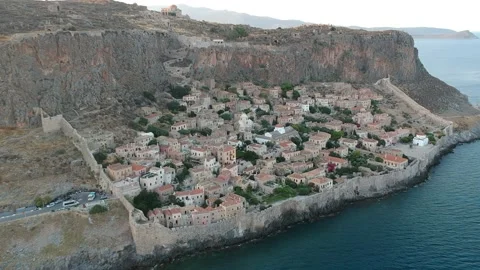 Aerial view of the old medieval castle town of Monemvasia in Lakonia, Greece. Vídeo Stock 163681981