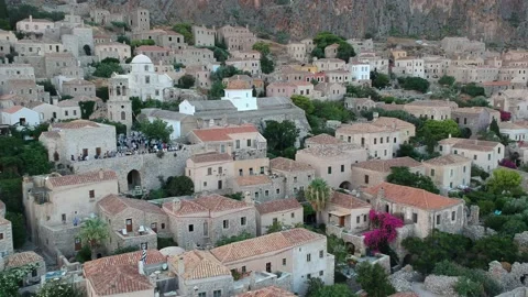 Aerial view of the old medieval castle town of Monemvasia in Lakonia, Greece. Vídeo Stock 163684752