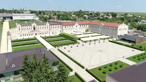 Aerial View of an Old Moldovan Stone Palace with a Large Terraced Park Stock Footage 241323609