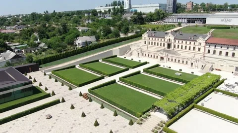 Aerial View of an Old Moldovan Stone Palace with a Large Terraced Park Stock Footage 241323689