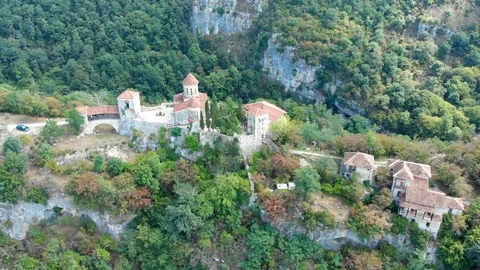 Aerial view of old monastery hiding in the forests, also known as Motsameta Video stock 106574982
