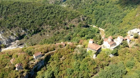 Aerial view of old monastery hiding in the forests, also known as Motsameta Stock Footage 112366250