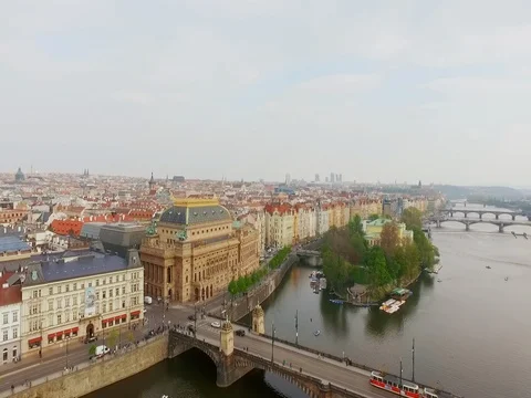Aerial view of the old part of Prague and national theatre. Stock Footage 75664310