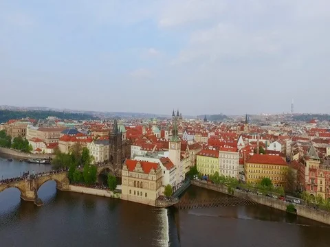 Aerial view of the old part of Prague and bridges over the Vltava river Video stock 75667376