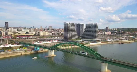Aerial view of Old railway bridge and Belgrade waterfront towers Stock Footage 166067295